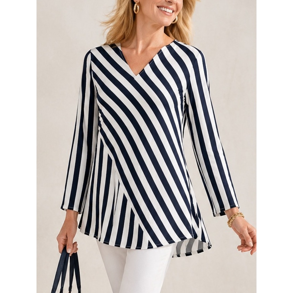 CHICO'S Nautical Stripe Tunic Blouse Chiffon Long Sleeve XL Navy Resort Vacation